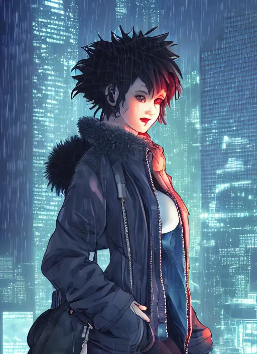 Prompt: character portrait of a female anthro hyena fursona with a cute beautiful attractive furry face and long black curly hair wearing a police bomber jacket in a cyberpunk city at night while it rains. hidari, color page, tankoban, 4K, tone mapping, Akihiko Yoshida.
