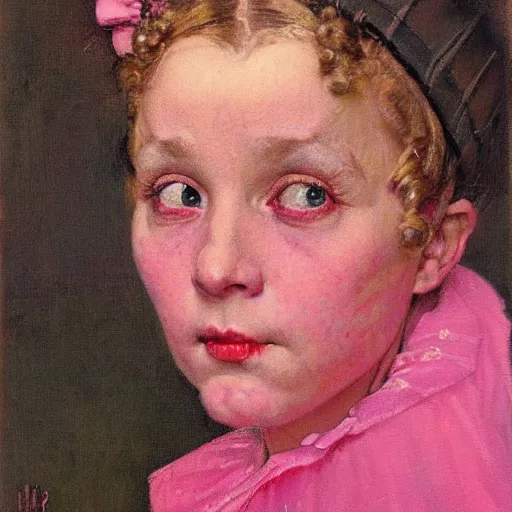 Image similar to Frontal portrait of a pink witch. A painting by Norman Rockwell.