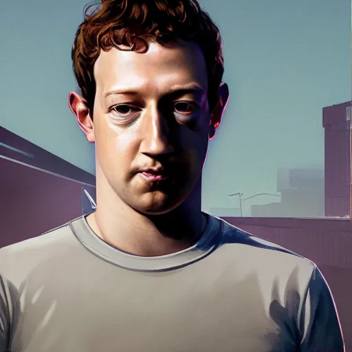 Prompt: imposing, ominous portrait of Mark Zuckerberg as a grand theft auto 5 loading screen, symmetry, front view, intricate, studio, art by anthony macbain + greg rutkowski + alphonse mucha, concept art, 4k, sharp focus