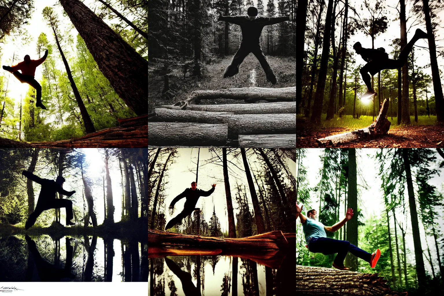 Prompt: Man jumping over a log in the woods, 2/3 perspective, photo with reflection, high-contrast, strong lighting, artistic