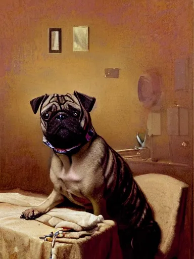 Prompt: a portrait of a man depicted as a brindle pug dogman canine, rupaul ’ s drag race, sitting in front of a sewing machine, explosions. highly detailed painting by gaston bussiere, craig mullins, j. c. leyendecker, furry