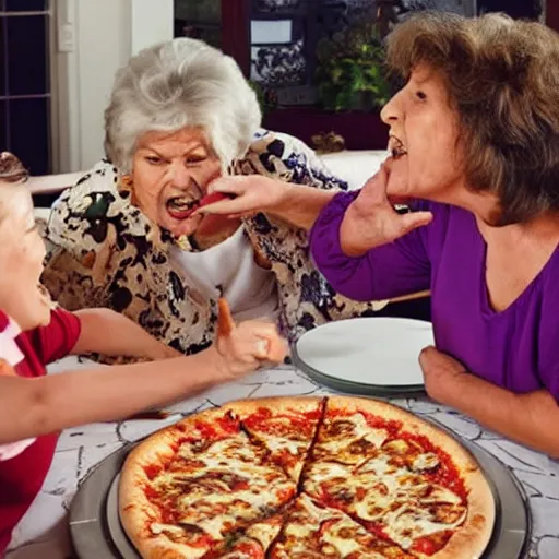 Prompt: grandmas fighting over who can eat the pizza