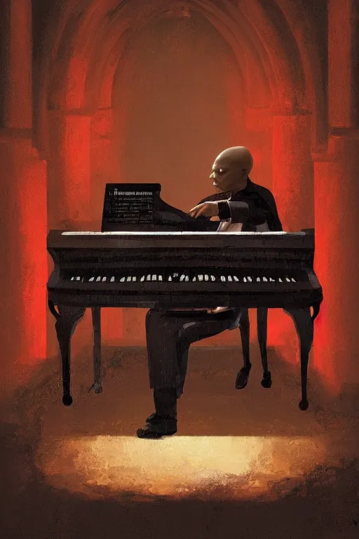 Image similar to an expressive portrait of agent 4 7 playing the piano in a monastery, dark background, red rim light, digital art, artstation, concept art by giger stalenhag