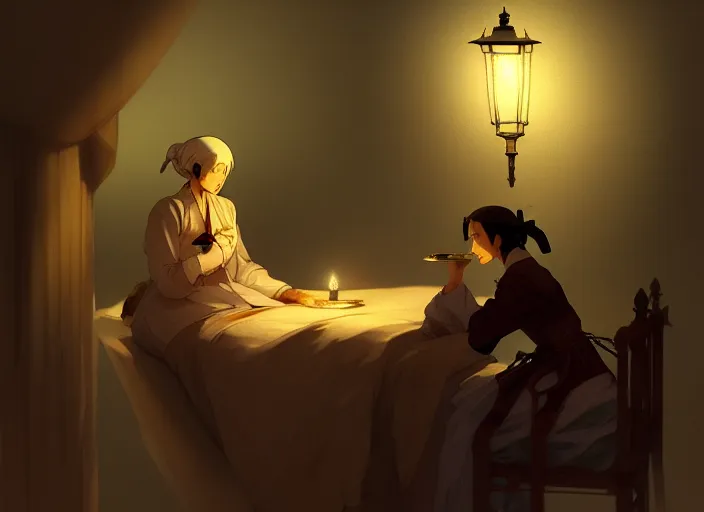 Image similar to 1 8 5 4 crimea, florence nightingale holding lamp, army hospital in scutari at night, wounded patients in beds on both sides of hospital ward, finely detailed perfect art, painted by greg rutkowski makoto shinkai takashi takeuchi studio ghibli