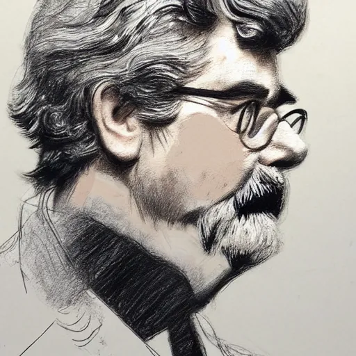 Image similar to a realistic yet scraggly portrait sketch of the side profile of a stern and sophisticated george lucas, trending on artstation, intricate details, in the style of frank auerbach, in the style of sergio aragones, in the style of martin ansin, in the style of david aja, in the style of mattias adolfsson