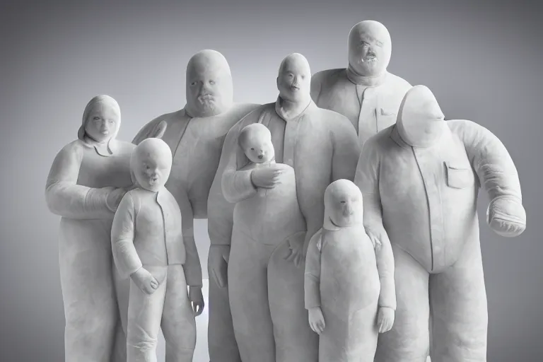 Image similar to alabaster sculpture of the Bibendum family portrait model illuminated from behind, Michelin Man family portrait, luminescence scattered light, sculpture, photograph, studio lighting, product photography, while marble, figurine, cryengine,