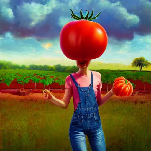 Prompt: giant tomato plant in front of head, full body girl dancing in a tomato garden, surreal photography, sunrise, dramatic light, impressionist painting, colorful clouds, digital painting, artstation, simon stalenhag