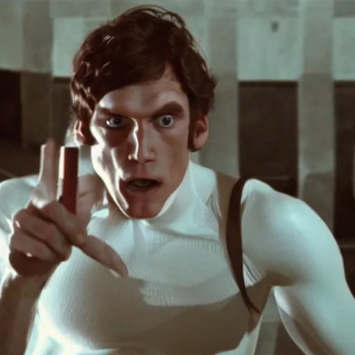 Image similar to Live Action Still of Jerma in A Clockwork Orange, real life, hyperrealistic, ultra realistic, realistic, highly detailed, epic, HD quality, 8k resolution, body and headshot, film still