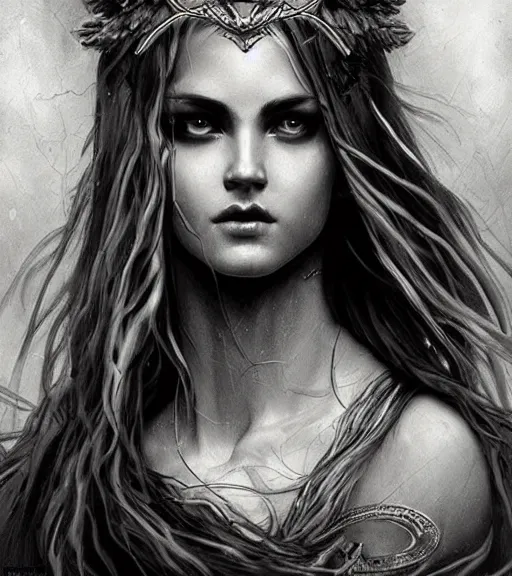 Image similar to beautiful aphrodite goddess wearing an arrow on her head, realistic face, beautiful eyes, black and white drawing, in the style of greg rutkowski, fantasy, amazing detail, epic, intricate, elegant, smooth, sharp focus