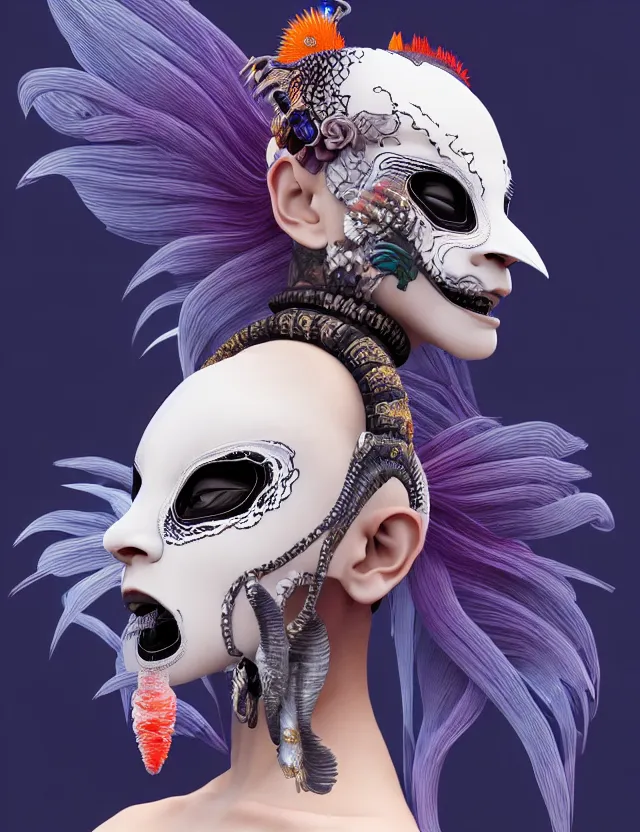 Image similar to 3 d goddess close - up profile portrait punk with mohawk with ram skull. beautiful intricately detailed japanese crow kitsune mask and clasical japanese kimono. betta fish, jellyfish phoenix, bio luminescent, plasma, ice, water, wind, creature, artwork by tooth wu and wlop and beeple and greg rutkowski