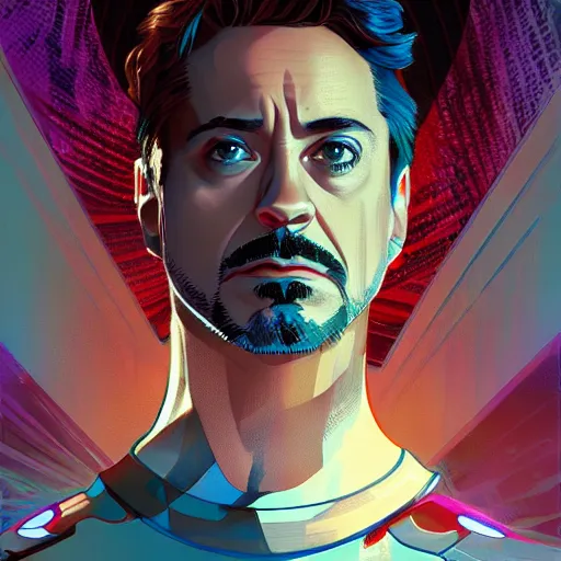 Image similar to Robert Downey Jr as Tony Stark, ambient lighting, 4k, alphonse mucha, lois van baarle, ilya kuvshinov, rossdraws, artstation