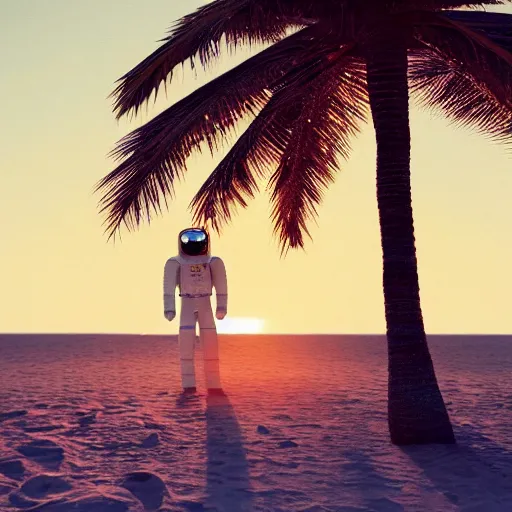 Image similar to a beautiful photo of an astronaut on the beach under a palm tree, summer sun, 1 9 7 0, soft light, morning light, photorealistic, realistic, octane, 8 k, cinematic shot