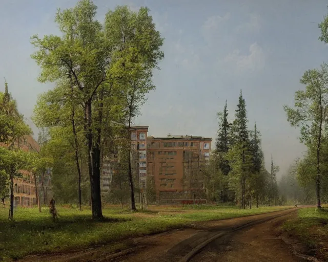 Image similar to beautiful matte painting of cute soviet block of flats hrushevka in end of forest by ivan shishkin,