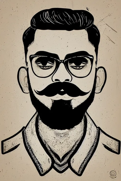 Image similar to portrait of an indian man with moustache and beard like virat kohli, art by butcher billy, sticker, colorful, illustration, highly detailed, simple, smooth and clean vector curves, no jagged lines, vector art, smooth