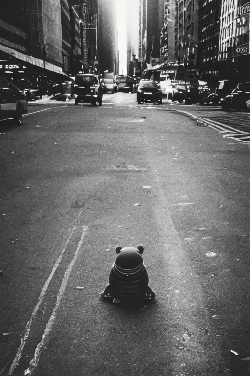 Prompt: photo polaroid of a ninja turtle in the middle of a New York street, loneliness, war, black and white ,photorealistic, 35mm film,