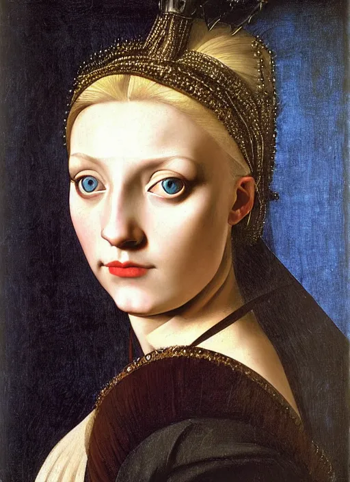 Prompt: portrait of young woman in medieval dress and medieval headdress, blue eyes and blond hair, style by the caravaggio
