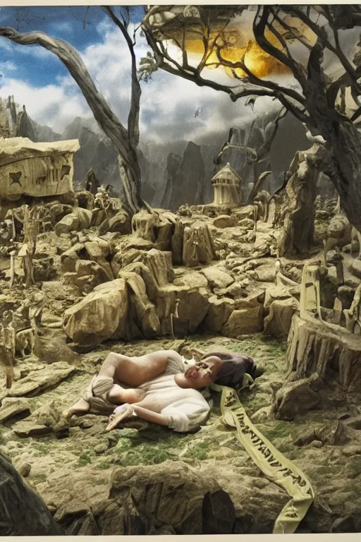 Prompt: a little ill donkey in bed covered with bandages, matte painting of skulls landscape by Ray Harryhausen