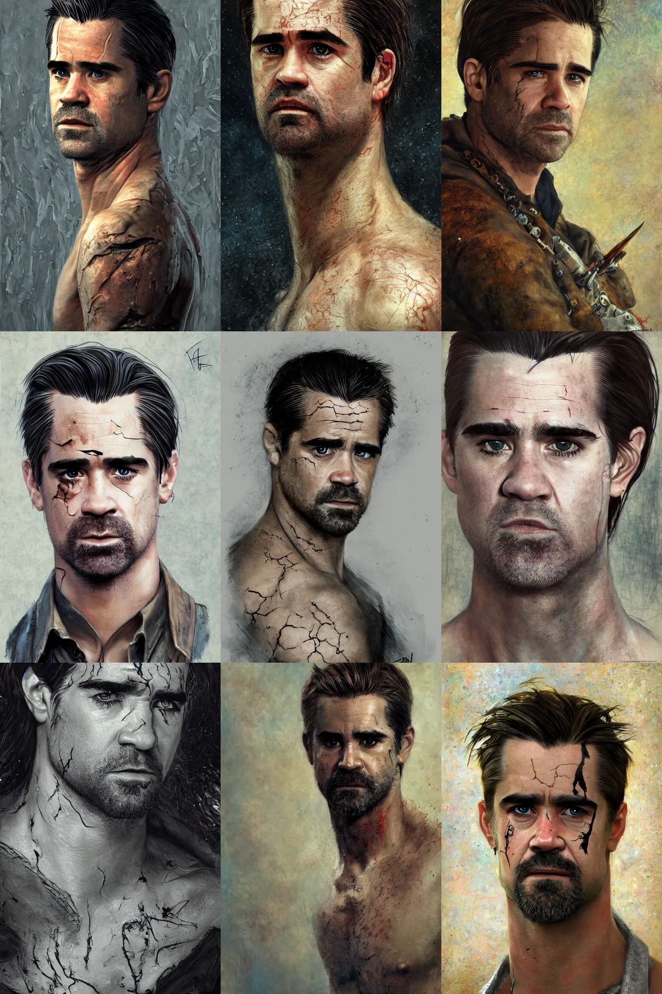 Prompt: portrait of scarred colin farrell, warhammer, a lot of scars, readhead, the future ages, highly detailed, artstation, illustration, art by gustav klimt, 8 k quality