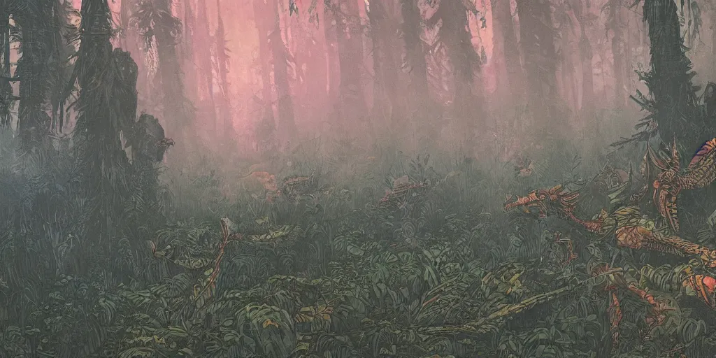 Image similar to a close - up grainy risograph, painting of a scene from the horizon zero dawn, machine monsters, dense forest, dragonflies, fire, fog by moebius and kim jung gi