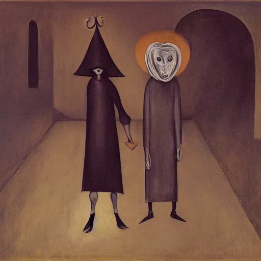 Prompt: the devil meets the nun, leonora carrington