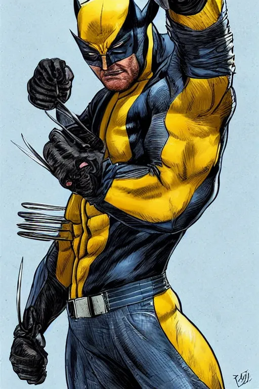 Image similar to taron egerton as wolverine with a full costume and cowl. art by gaston bussierez.