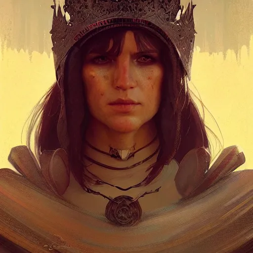 Prompt: Portrait of a young, angry elf queen, highly detailed, digital painting, artstation, concept art, sharp focus, illustration, art by greg rutkowski and alphonse mucha
