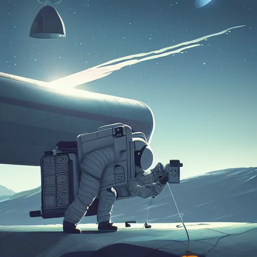 Image similar to ilustration astronaut unloading the spaceship before camping, characterized by roman shipunov, etienne hebinger, atey ghailan, cgsociety, cynical realism, fantasy art, 2 d game art