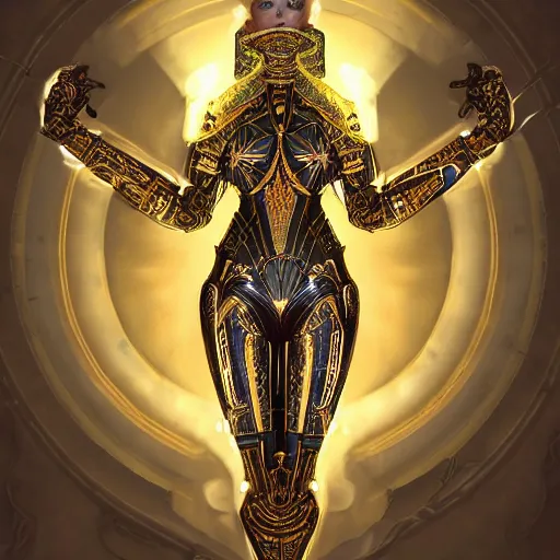 Image similar to ultradetailed ornate pre-raphaelite RPG illustration of beautiful symmetric robot radiating glowing aura, fully clothed with an art deco costume, digital airbrush painting, 3d rim light, hyperrealistic masterpiece, artstation, cgsociety, golden ratio