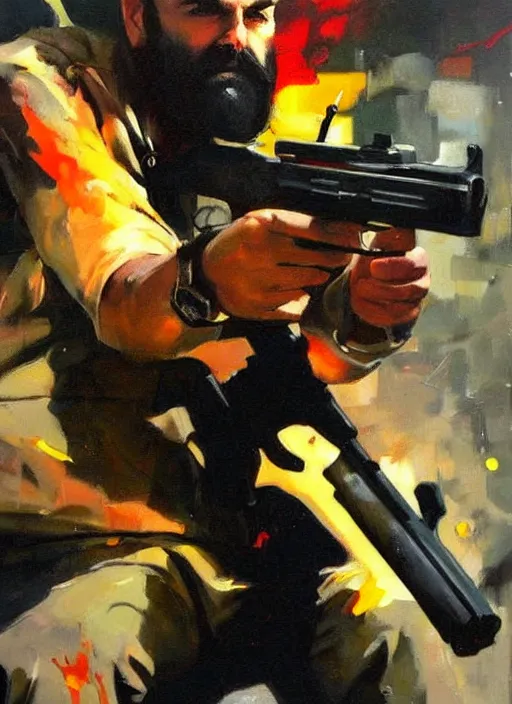 Image similar to keemstar pointing a gun, shooting, muzzle flash, enraged, painting by phil hale, 'action lines'!!!, graphic style, visible brushstrokes, motion blur, blurry