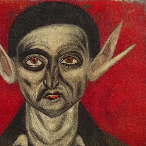 Image similar to portrait of alexander abdulov, with a red eyes, satanic body, head of old man