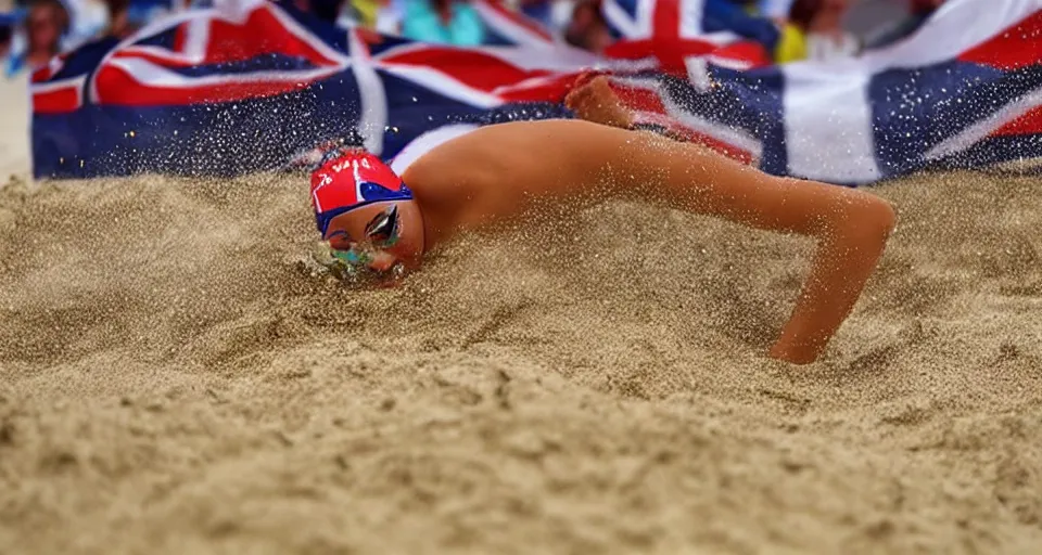 Image similar to olympic swimming in sand instead of water, extremely coherent