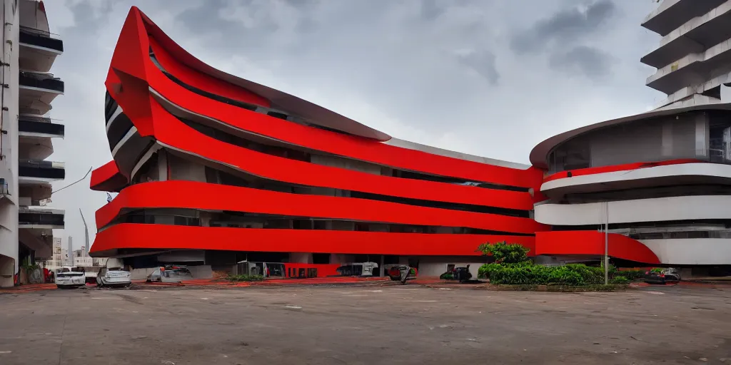 Image similar to extremely beautiful architecture photo of a red black yellow and white building complex in lagos nigeria in the style of rem koolhaas and virgil abloh, zaha hadid, postmodern, clean, the structure is angular and geometric, beautiful, award winning architecture, extremely beautiful lighting, cinematic composition, modern, render, architectural, architecture, realistic, clear
