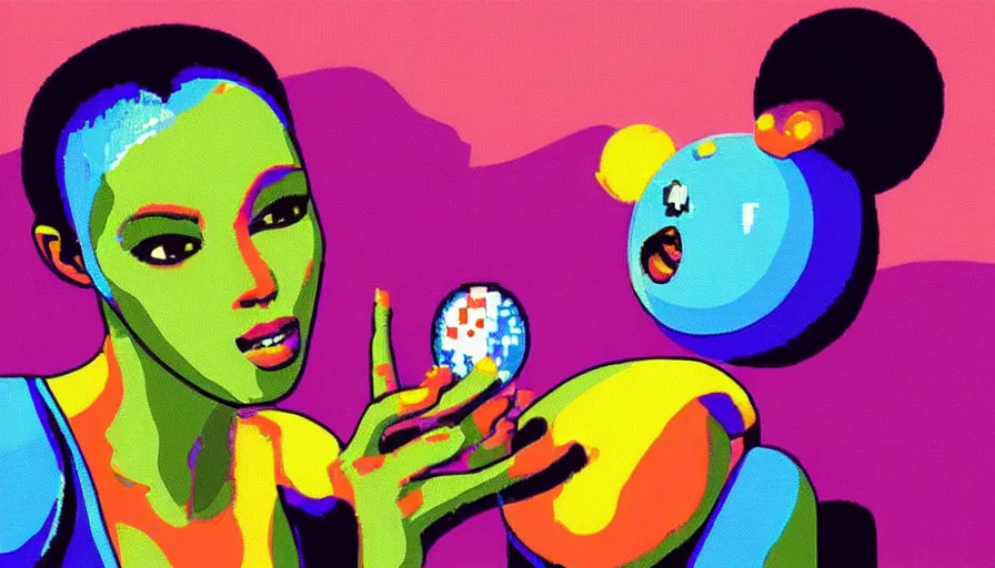 Image similar to beautiful still from retro snes arcade game featuring grace jones feeding her bioenhanced tamagotchi child, hyperreal detailed facial features and uv lighting, retro nintendo bitmap pixel art