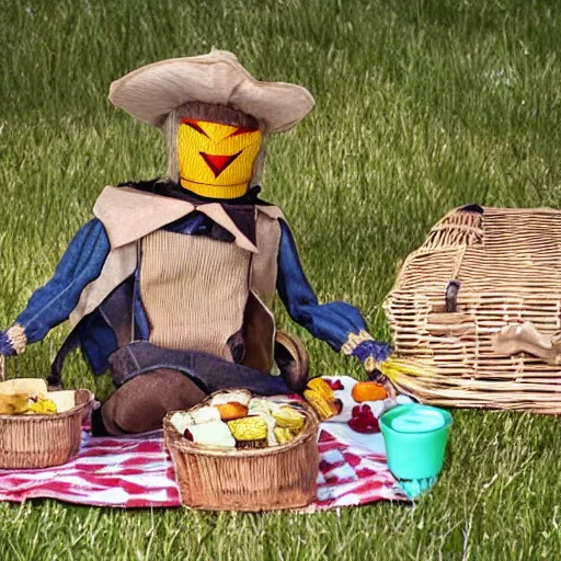 Image similar to scarecrow has a picnic, extremely photorealistic