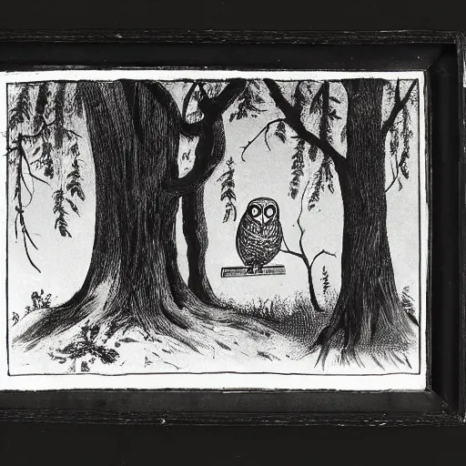 Prompt: owl and ghost in haunted woods, lithograph, museum catalog photograph