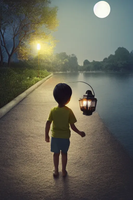 Prompt: a little boy carrying lantern at night, photorealistic face and skin tones, dreamy moonlit nightscape by the garden, lake house, smooth, matte colors, trending on artstation, 4 k, 8 k