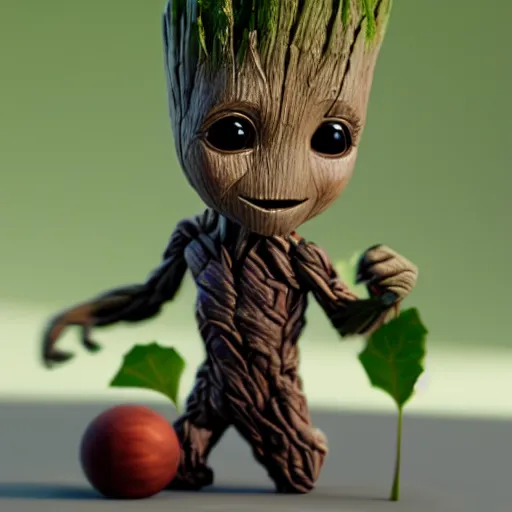 Image similar to baby groot on the sunmer, hyperdetalied, hyperrealistic, 8 k, trending on artstation, 3 d rendering,