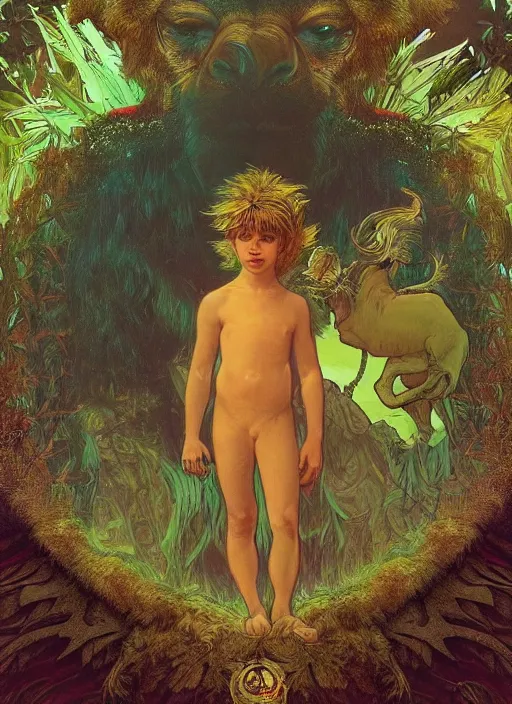 Image similar to portrait of a little epic warrior boy character with dark skin and a big lion with wings at his side in the middle of a lush forest at night. diffuse neon light, dramatic landscape, fantasy illustration, matte painting by mucha