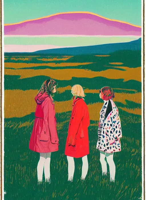 Prompt: a portrait of a group of girls dressed in colorful jackets in a scenic representation of mother nature and the meaning of life by billy childish, composition by justine kurland, thick visible brush strokes, shadowy landscape painting in the background by beal gifford, vintage postcard illustration, minimalist cover art by mitchell hooks