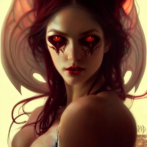 Image similar to Portrait of succubus girl, D&D, red eyes, face, fantasy, intricate, elegant, highly detailed, digital painting, artstation, concept art, smooth, sharp focus, illustration, art by artgerm and greg rutkowski and alphonse mucha