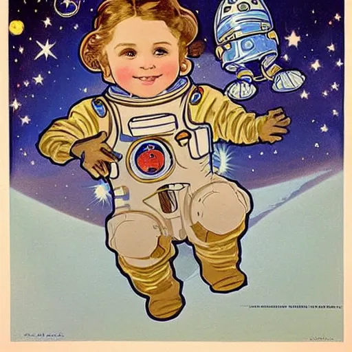 Prompt: a cute little girl with a round cherubic face, blue eyes, and short wavy light brown hair smiles as she floats in space with stars all around her. she is an astronaut, wearing a space suit. beautiful cartoon painting with highly detailed face by alphonse mucha and quentin blake