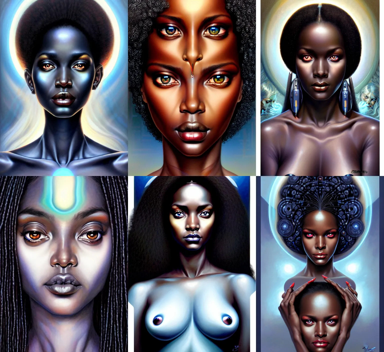 Prompt: stunning goddess of computers portrait, clear eyes and dark skin. realistic, symmetrical face. art by bowater charlie, mark brooks, julie bell, arian mark, tony sandoval