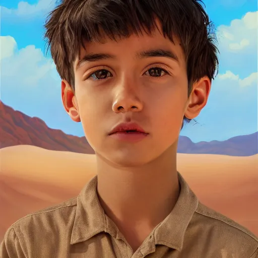 Image similar to a detailed portrait of a boy in the desert, art illustration, incredibly highly detailed and realistic, 8 k, sharp focus