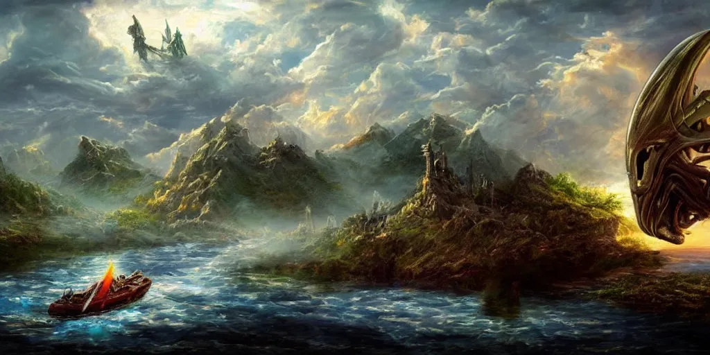 Image similar to digital fantasy medieval knight watching alien battlestar starship spaceship arriving, mountain painting high resolution devianart detailed dreamy, clouds, river, birds on sky, boat