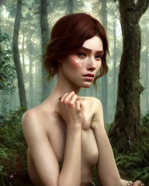 Prompt: beautiful digital painting of a stylish eurasian crystal socialite forest with high detail, real life skin, freckles, 8 k, stunning detail, works by artgerm, greg rutkowski and alphonse mucha, unreal engine 5, 4 k uhd