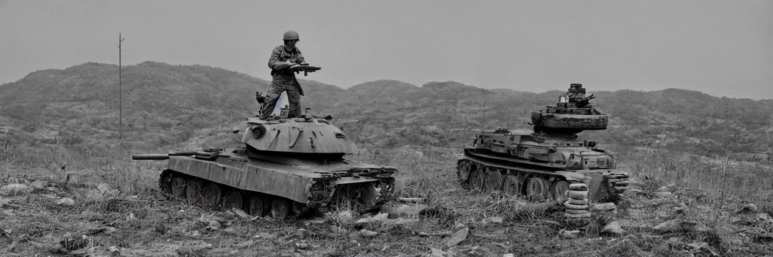 Prompt: detailed sharp photograph in the style of popular science circa 1 9 5 5 and gregory crewdson of close up of a single soldier atop a tank in korean war 1 5 0 mm lens