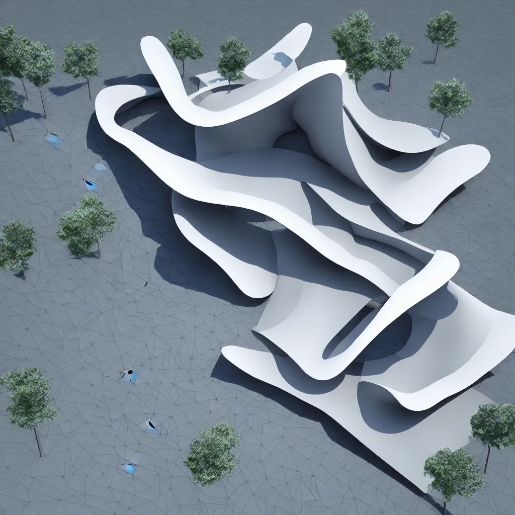 Image similar to sculptural curved roof planes lift and descend creating shade and architectural expression, dramatic form, 3 d top view axonometric, isometric