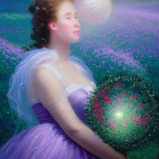 Prompt: a girl with three eyes on 5 translucent luminous spheres, full of floral and berry fillings, in an ocean of lavender color by thomas kinkade