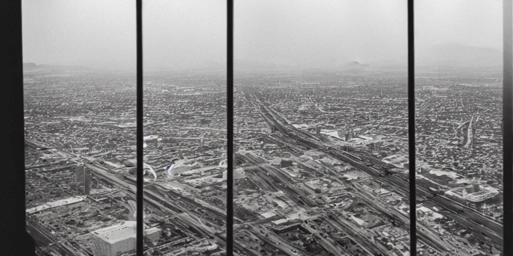 Prompt: a real photo of las vegas viewed from a very far away wet skyscraper's window on a rainy day, by joel meyerowitz