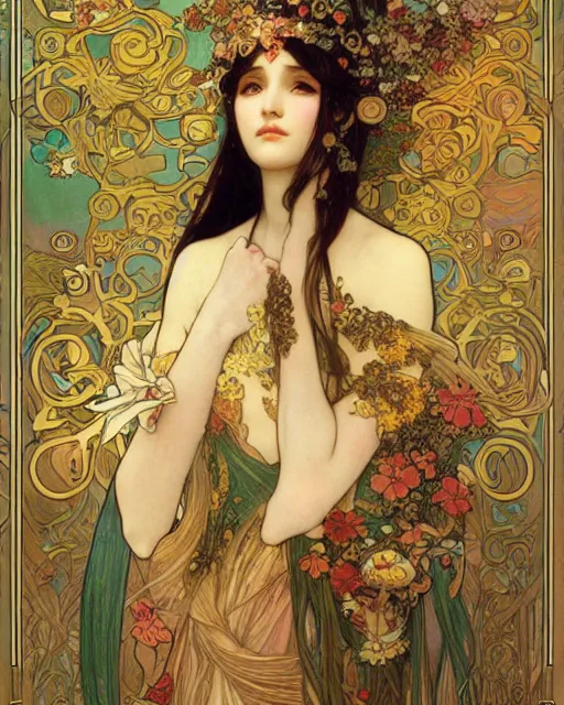 Image similar to an elf princess by Ross Tran, Alphonse Mucha, Gustav Klimt and edgar maxence